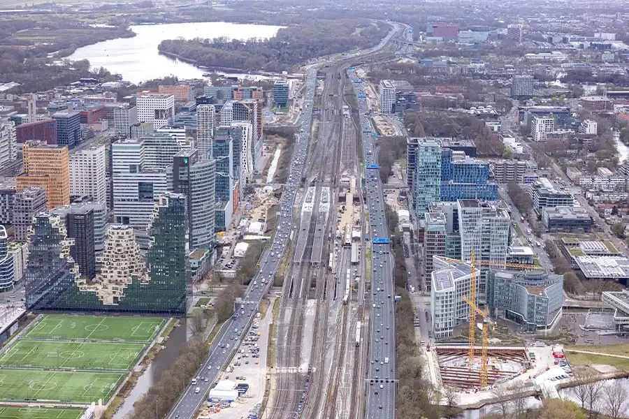 Zuidasdok tunnel construction aerial view Amsterdam
